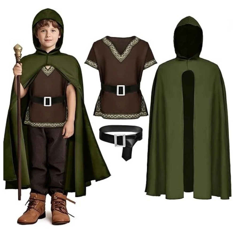 G.C Kids Renaissance Shirt Cloak Belt Medieval Costume Hooded Cape 3-4 Years Cos